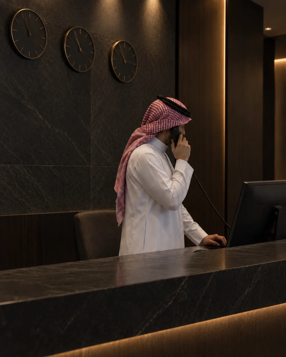 Concierge au téléphone à la réception d’un hôtel